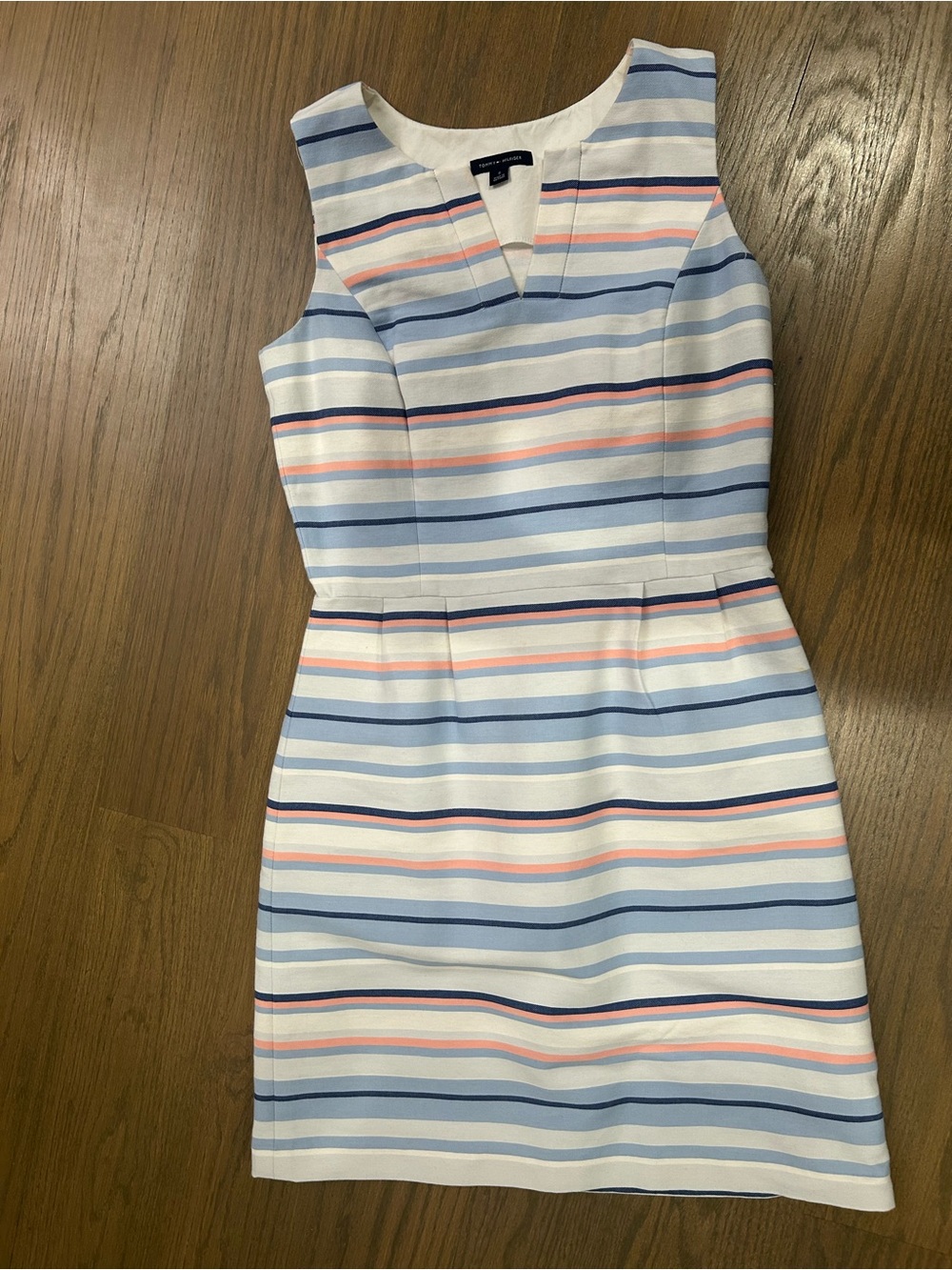 Tommy Hilfiger Sleeveless Striped Sheath Dress in White and Blue
